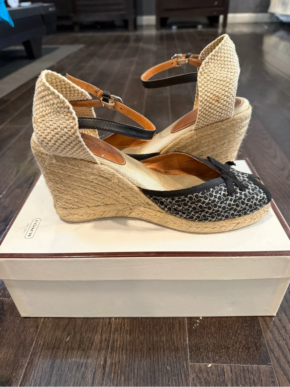Coach Black Signature Canvas Peep-Toe Espadrille Wedges